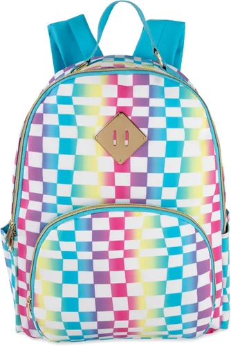 Vista 6 de Emma & Chloe Mochilas de vinilo impermeables para viajar y viajar al trabajo, Tablero de ajedrez arcoíris, Mochila casual