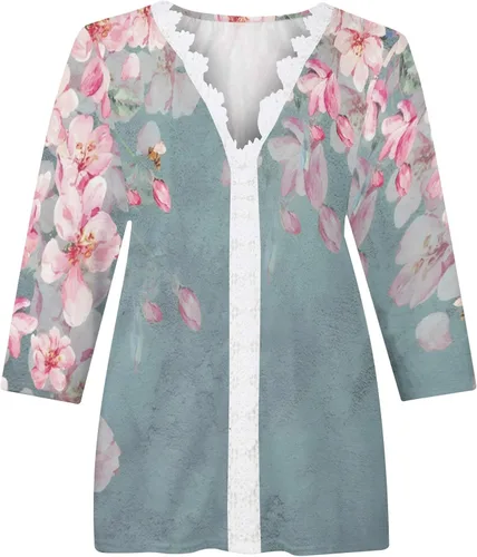 Vista 5 de Tops básicos Encaje Mujer Camisetas tipo túnica Cuello V y Estampado Floral Camisetas Manga Larga Camisetas tipo Blusa