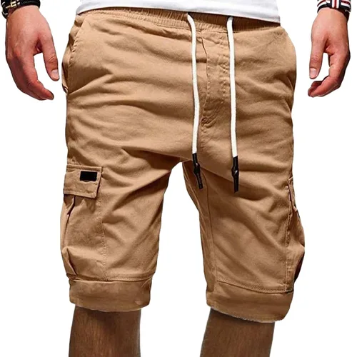 Vista 9 de Maiyifu-GJ Pantalones cortos casuales con cintura elástica para hombre, ajuste relajado, múltiples bolsillos, pantalones cortos cortos ligeros