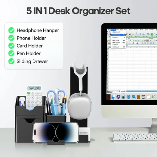 Vista 2 de KDD Organizador de bolígrafos con soporte para auriculares, soporte para lápices para escritorio con cajón y tarjetero, juego organizador