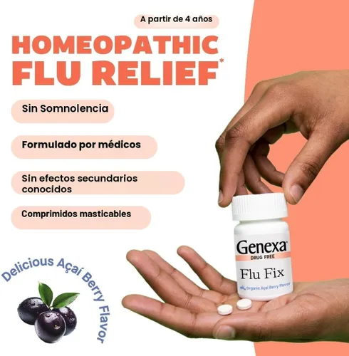 Vista 3 de Genexa Flu Fix Remedio Multi-Síntoma para el Resfriado para Niños y Adultos Alivia Dolores, Fiebre, Congestión Sabor a Acai Berry Orgánico