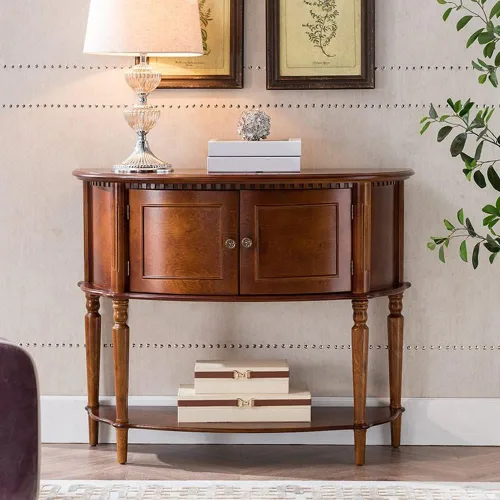 Vista 5 de Mesa consola de madera de goma semicircular, mesa decorativa de madera maciza con estante de piso para pasillo, porche, entrada, sala de estar