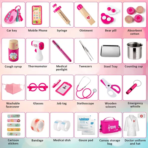 Vista 7 de Sundaymot Kit de Doctor para Niñas, 34 piezas juego de simulación, kit de Doctor para niños pequeños de 3 a 5 años, con bolsa médica, estetoscopio