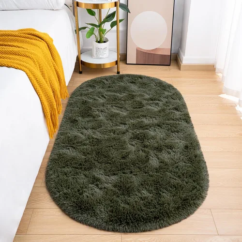 Vista 8 de Goideal - Alfombra esponjosa de dormitorio, alfombra pequeña ovalada, alfombra negra peluda para mesita de noche, ideal para habitación infantil