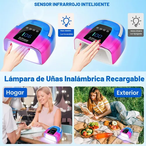 Vista 4 de Lámpara de uñas LED UV, inalámbrica, luz UV recargable portátil de 128 W para uñas de gel, secadora de luz de gel profesional con sensor automático