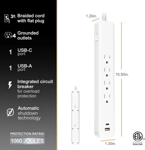 Vista 3 de GE SurGE - Tira de alimentación protectora con puertos USB, cable de extensión trenzado de 3 pies, 1060 julios, extensor de 4 tomas, 1 USB-A, 1