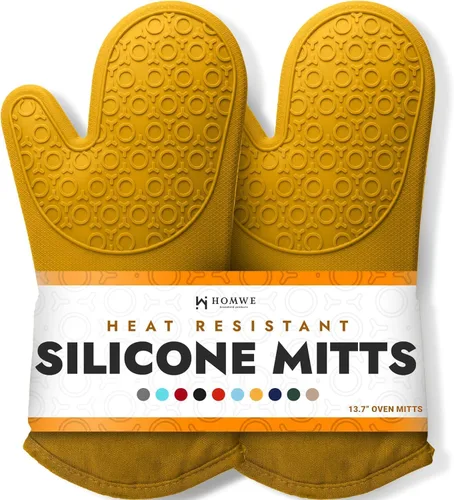 Vista 35 de HOMWE - Manopla de horno profesional y extralarga de silicona, guantes con forro acolchado, agarraderas resistentes al calor, guantes flexibles