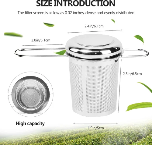 Vista 6 de Infusor de té, filtros de malla fina más empinados de acero inoxidable, colador de té de gran capacidad con mango y tapa plegables, colgar