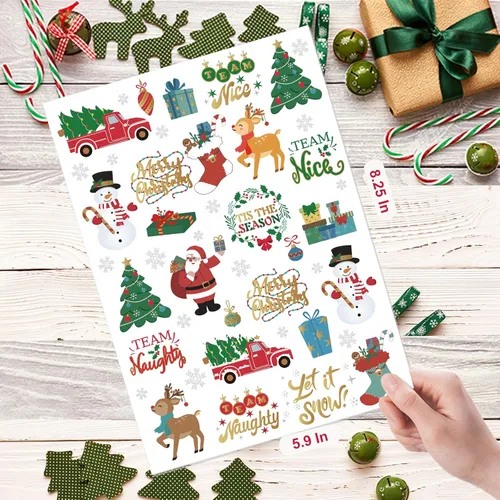 Vista 4 de Decoraciones de Navidad, tatuajes temporales, 52 estilos de purpurina para niños, equipo travieso, bonito recuerdo de fiesta de Navidad, árbol