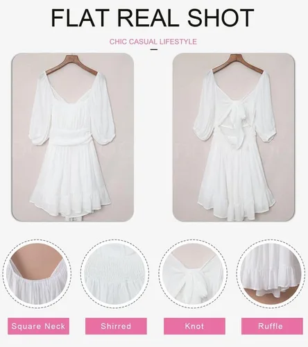 Vista 3 de Dokotoo Vestidos de verano para mujer, cuello cuadrado, lazo en la espalda, manga farol, volantes, vestido casual acampanado
