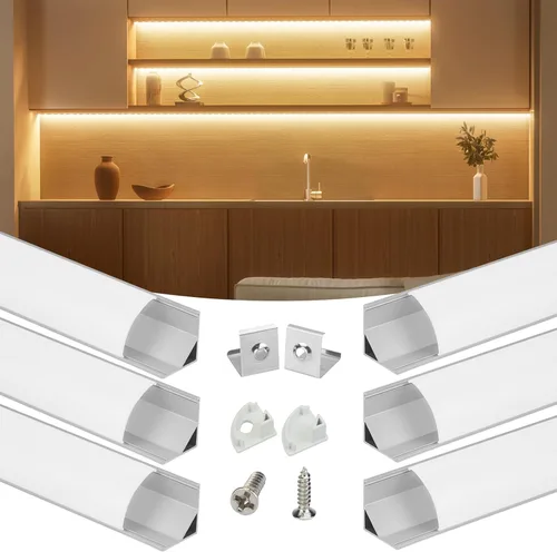 Vista 10 de Muzata Paquete de 10 canales LED en forma de V de 6.6 pies/6.6 ft con canal LED de aluminio plateado con cubierta blanca lechosa iluminación