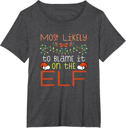 Vista 23 de Camiseta de Navidad familiar a juego con la frase "Most Likely To Blame It On The Elf" Negro