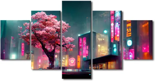 Vista 42 de Póster de 5 paneles en lienzo para decoración de pared, diseño de centro urbano Cyberpunk, impresión moderna, decoración de pared para el hogar