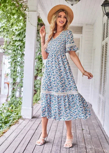 Vista 8 de GRACE KARIN Vestido largo bohemio con cuello en V para mujer, manga corta, fruncido, escalonado, cintura imperio, con volantes, para la playa