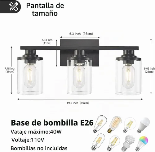 Vista 3 de 3 Luces Negras para Tocador de Baño con Pantalla de Vidrio Transparente, Apliques de Pared Modernos de Iluminación para Baño Sobre Espejo