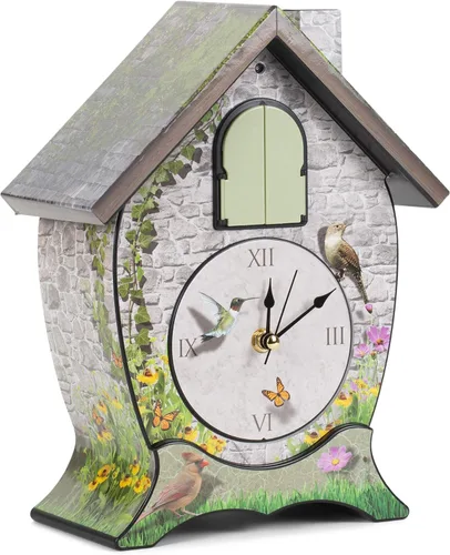 Vista 5 de Mark Feldstein Garden Cottage Singing Cardinal - Reloj de cuco con sonido de pared, 14 x 10