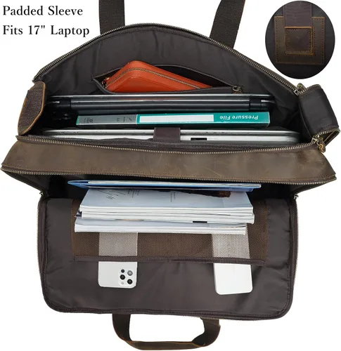 Vista 5 de Maletín XL de cuero de 18 pulgadas para hombres que se adapta a portátiles de 17 pulgadas, bolsa cruzada de mensajero de viaje de negocios