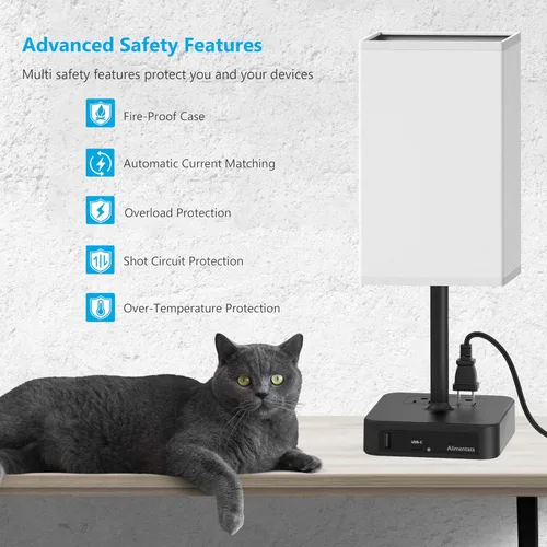 Vista 6 de Lámpara de mesa de noche con control táctil y puertos de carga USB C+A, lámpara de escritorio LED con 2 salidas de CA, luz minimalista para mesita