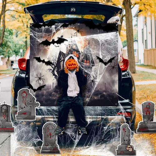 Vista 6 de Fulmoon Kit de decoración de Halloween para maletero o automóvil con calcomanía de lápida, telarañas, murciélagos, banderines de susto, lápida