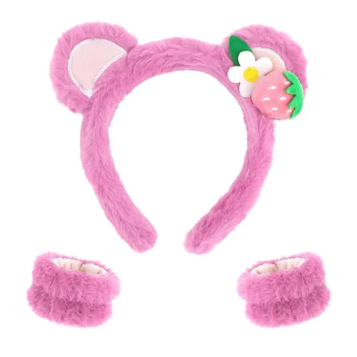 Vista 10 de CAVETEE Juego de 3 piezas de diadema linda - Diadema elástica cosmética de spa, pulsera para mujeres, cuidado facial y ducha Oreja de conejo blanco