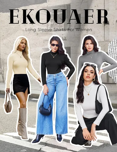 Vista 4 de Ekouaer Camisas de manga larga con cuello alto para mujer, ropa interior térmica, básica, ajustada, para otoño, ligera, a la moda