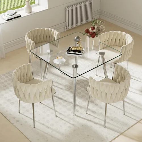 Vista 2 de Juego de mesa de comedor de cristal plateado para 2, juego de mesa cuadrada de lujo moderno de 36 pulgadas, juego de mesa de cocina minimalista de 3