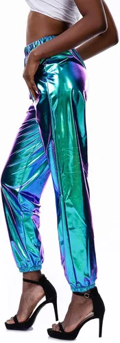 Vista 2 de SIAEAMRG - Pantalones deportivos de cintura alta para mujer, brillantes metálicos, elásticos, con aspecto mojado, estilo hip hop, para club