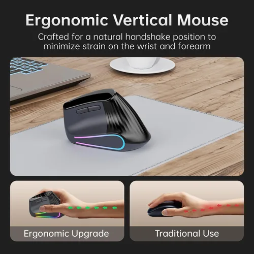 Vista 2 de Ratón vertical ergonómico inalámbrico, Bluetooth con desplazamiento ultrarrápido de 4800 DPI recargable, ratón óptico RGB de 2.4G con clics