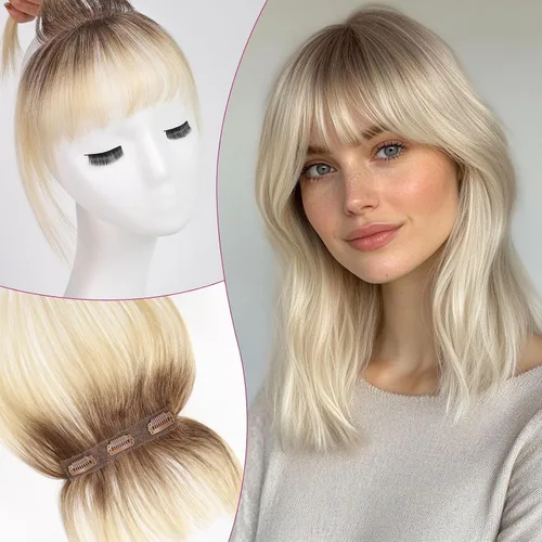 Vista 4 de EMMOR Flequillo con clip, flequillo de cabello 100% humano con 3 clips antideslizantes, extensiones de cabello superior de cobertura de 360°