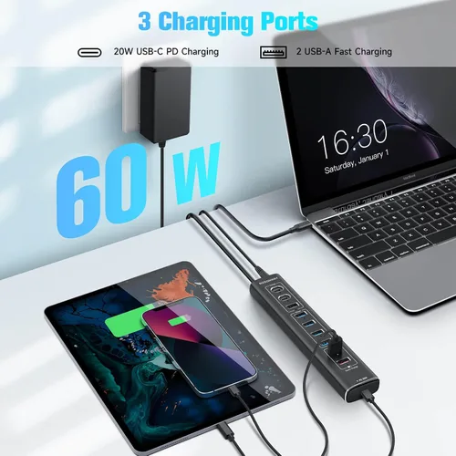 Vista 4 de Rosonway Hub USB 3.2/USB C alimentado de 10 puertos de 60 W con puertos USB-3.2 de 3 x 10 Gbps (2C + 1A), 4 puertos de datos USB 3.0, 1 USB-C PD y 2
