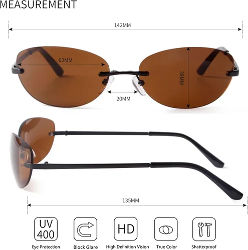 Vista 6 de KFPH Gafas de sol ovaladas pequeñas sin montura Y2K a la moda vintage de los años 90, gafas de sol con marco para mujeres y hombres futuristas