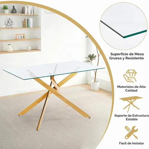 Vista 7 de Juego de mesa de comedor de 5 piezas para 4, mesa rectangular moderna de cristal con 4 sillas tapizadas de cuero, juegos de mesa y sillas de comedor