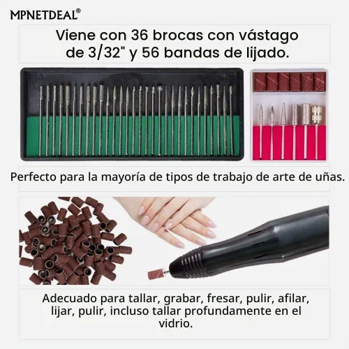 Vista 6 de Mpnetdeal - Taladro de uñas eléctrico, juego de máquina de taladro y lima para uñas acrílicas