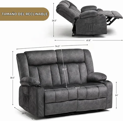 Vista 2 de COMHOMA Juegos de muebles de sala de estar, sofá reclinable manual, sofá reclinable de tela de 2 asientos, respaldo ergonómico con portavasos