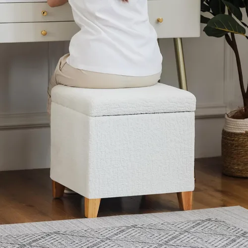 Vista 2 de Adeco Otomán Cubo de Piel Sintética Blanca de 18 Pulgadas de Alto con Almacenamiento, Taburetes Reposapiés de Silla de Terciopelo en Relieve 3D