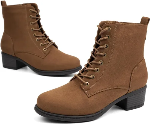 Vista 5 de VJH confort Botines de moda para mujer, tacón bajo, botines de combate gruesos con cordones y cremallera lateral