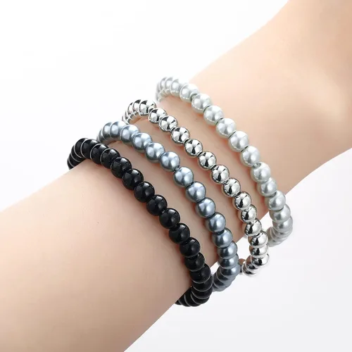 Vista 3 de Noessla Pulsera elástica de perlas con cuentas de plata, apilables, pulseras de cuentas de cristal, joyería de moda, regalo para el día de la madre
