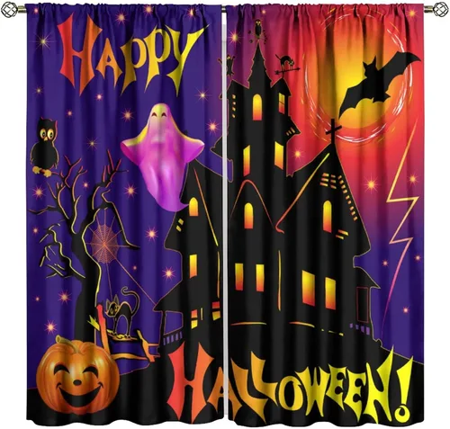 Vista 17 de Cortinas de Halloween con diseño de bosque gótico rojo, cruz gótica, Halloween, festividades, festival, tratamiento de ventana para sala de estar