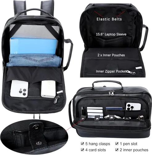 Vista 5 de Masa Kawa Mochila para portátil de cuero delgado de 15.6 pulgadas para hombre, maletín convertible, mochilas expandibles, color negro, bolsa