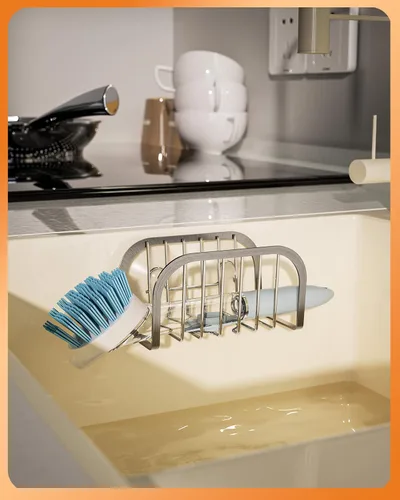Vista 6 de SWTYMIKI Soporte de esponja para fregadero de cocina, soporte de esponja de fregadero móvil con ventosas de acero inoxidable para fregadero de acero