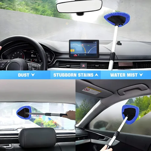 Vista 5 de Herramienta de limpieza de parabrisas, limpiador de ventanas de automóvil con mango largo extensible y 4 almohadillas de microfibra lavables