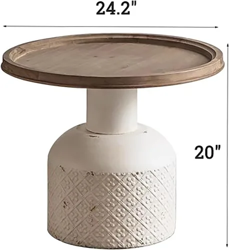 Vista 2 de Mesa auxiliar redonda de granja con base de metal, mesas de té laterales rústicas únicas con parte superior de madera, mesa auxiliar bohemia