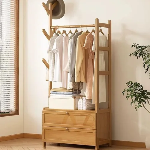 Vista 12 de Perchero de madera para colgar ropa con estantes de almacenamiento para entrada, pasillo, sala de estar
