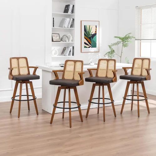 Vista 22 de Juego de 2 Taburetes de Mostrador - Taburetes Giratorios de 27 Pulgadas con Respaldo de Ratán, Brazos Curvos, Asiento Tapizado, Patas de Bambú Nogal
