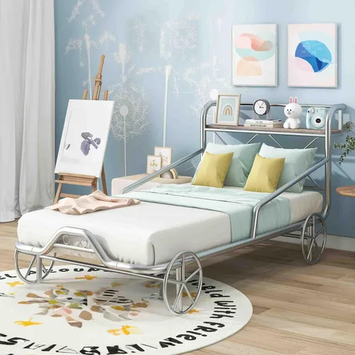 Vista 8 de Cama individual para automóvil con 4 ruedas, barandillas, estante de almacenamiento para niños, adolescentes, niños y niñas, marco de cama