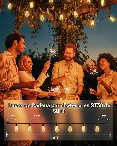 Vista 2 de Tira de luces LED para patio, 50 pies, IP65, impermeable, ST38, conectable, regulable