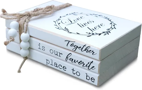 Vista 9 de LIVDUCOT Libros decorativos de madera para decoración del hogar, libros de imitación blancos para decoración rústica, decoración de libros apilados