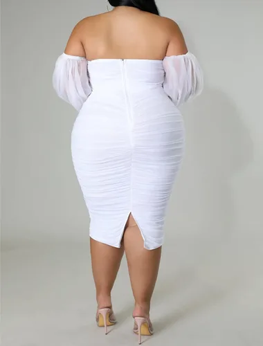Vista 2 de Vestido midi sexy de manga larga abombada con hombros descubiertos para mujer, de malla fruncida, manga larga, elástico, para fiesta de club