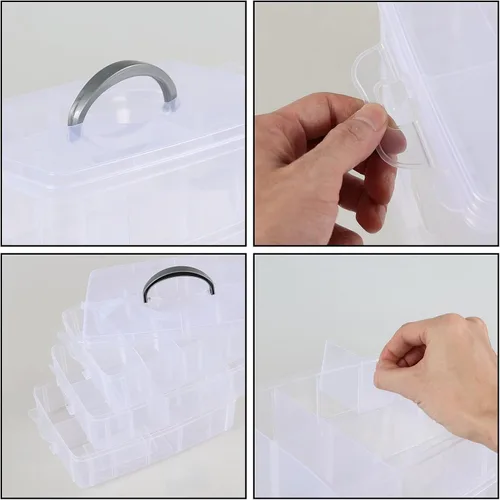 Vista 4 de Caja de almacenamiento apilable de 3 capas con 30 rejillas, caja organizadora de compartimentos transparentes para cuentas, cinta, tornillos