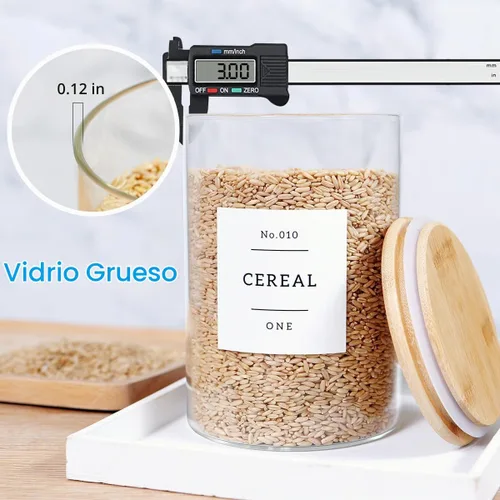 Vista 5 de 3 recipientes de vidrio con tapas herméticas de bambú y 42 etiquetas de despensa de cocina preimpresas, juego de recipientes de almacenamiento